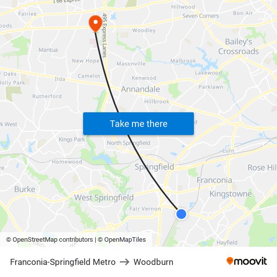 Franconia-Springfield Metro to Woodburn map