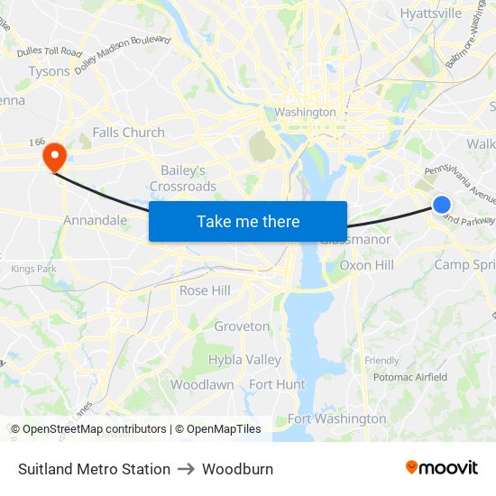 Suitland Metro Station to Woodburn map