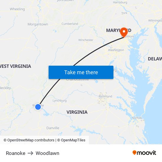 Roanoke to Woodlawn map