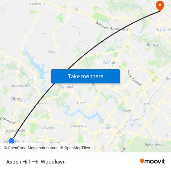 Aspen Hill to Woodlawn map