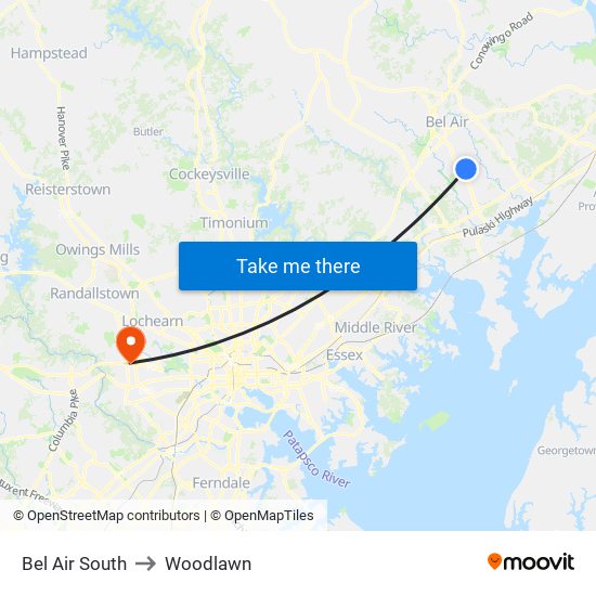 Bel Air South to Woodlawn map