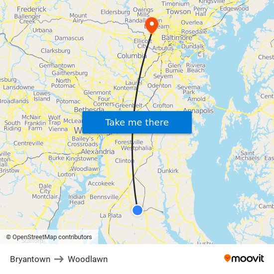 Bryantown to Woodlawn map