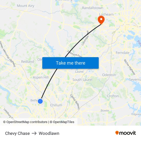 Chevy Chase to Woodlawn map