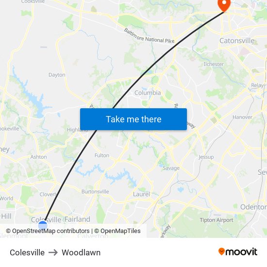 Colesville to Woodlawn map