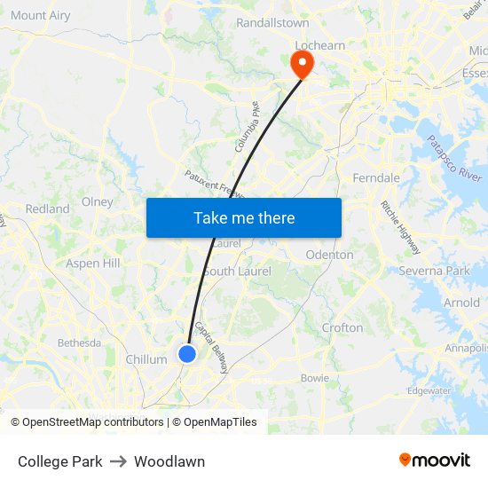 College Park to Woodlawn map