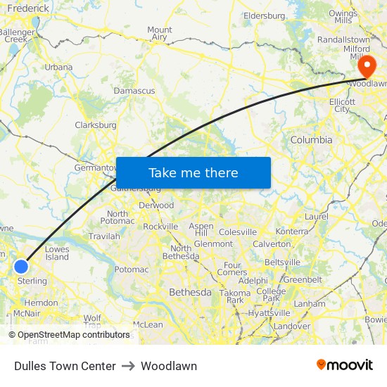 Dulles Town Center to Woodlawn map