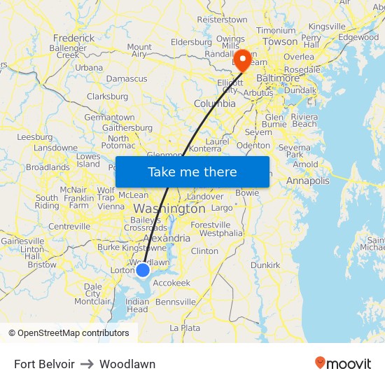 Fort Belvoir to Woodlawn map