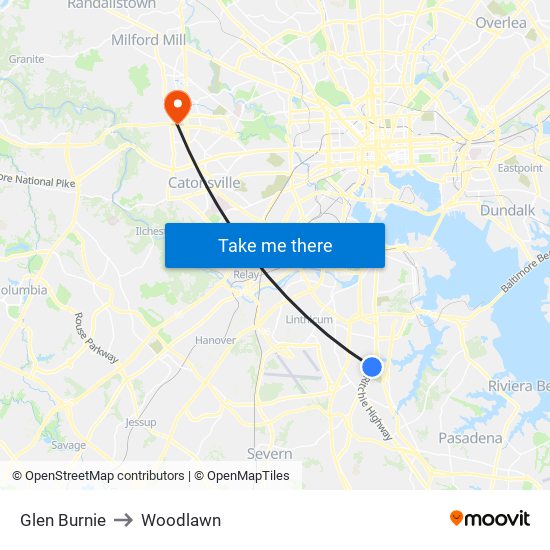 Glen Burnie to Woodlawn map