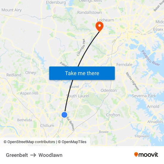 Greenbelt to Woodlawn map