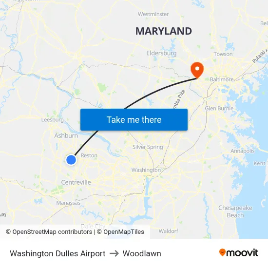 Washington Dulles Airport to Woodlawn map
