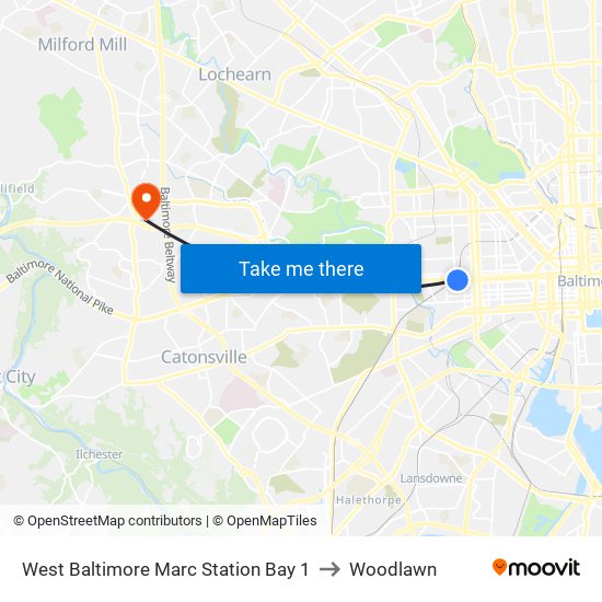 West Baltimore Marc Station Bay 1 to Woodlawn map