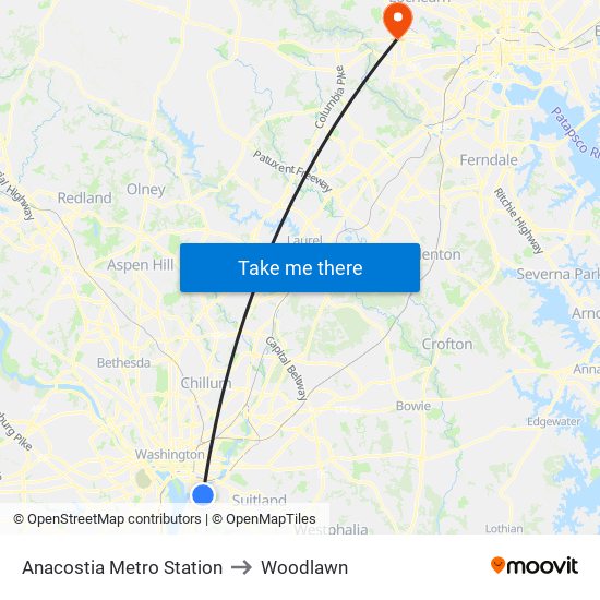 Anacostia Metro Station to Woodlawn map