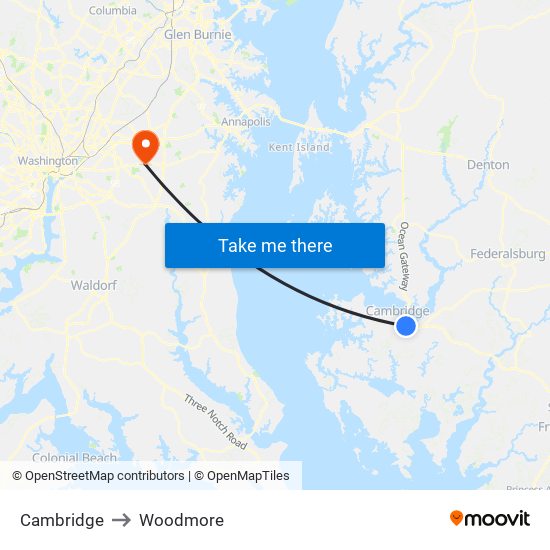 Cambridge to Woodmore map