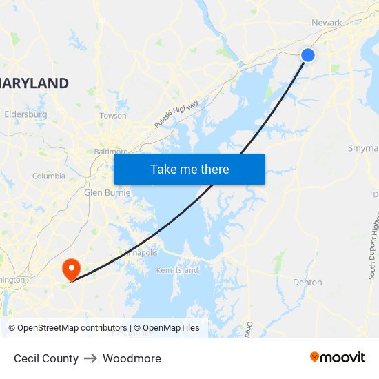 Cecil County to Woodmore map