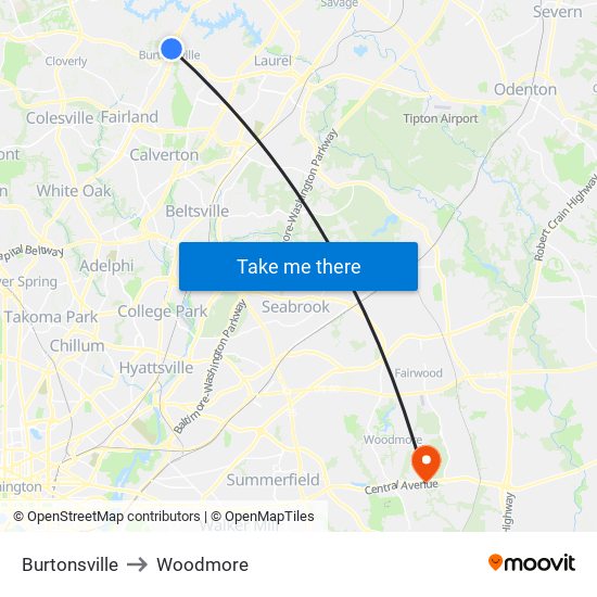 Burtonsville to Woodmore map