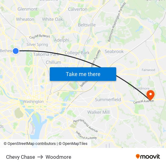 Chevy Chase to Woodmore map