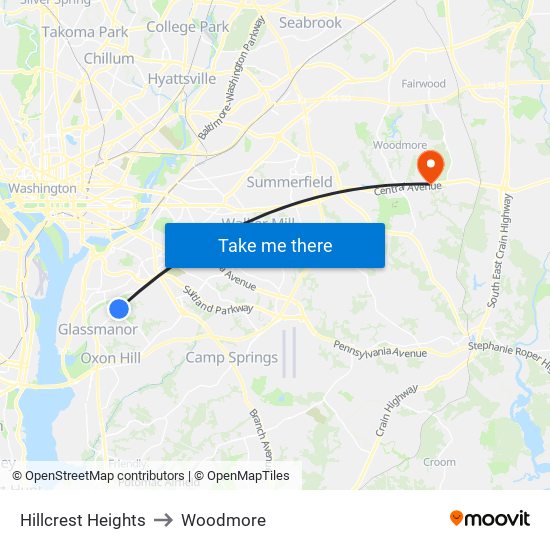 Hillcrest Heights to Woodmore map