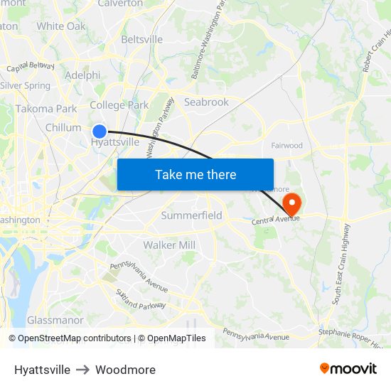 Hyattsville to Woodmore map