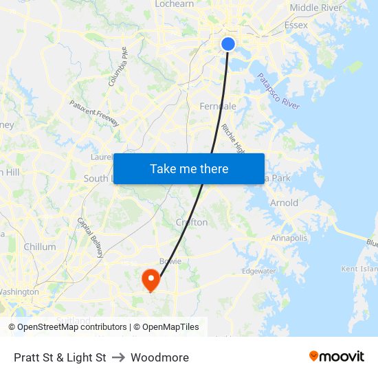 Pratt St & Light St to Woodmore map