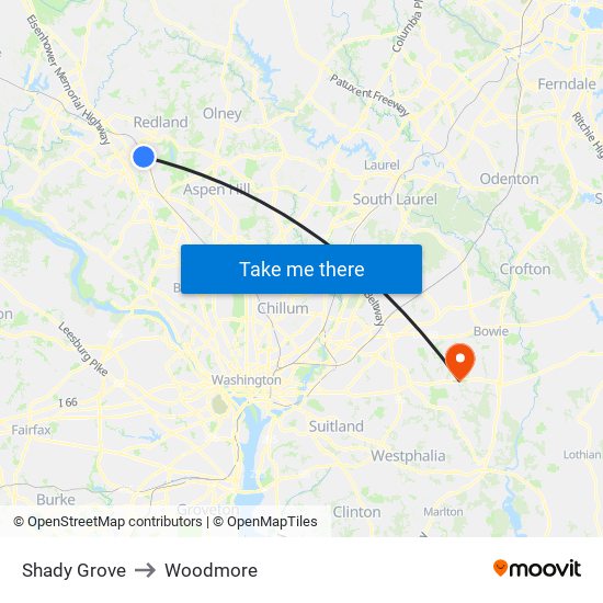 Shady Grove to Woodmore map