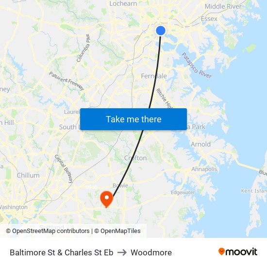 Baltimore St & Charles St Eb to Woodmore map