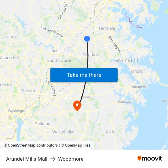 Arundel Mills Mall to Woodmore map
