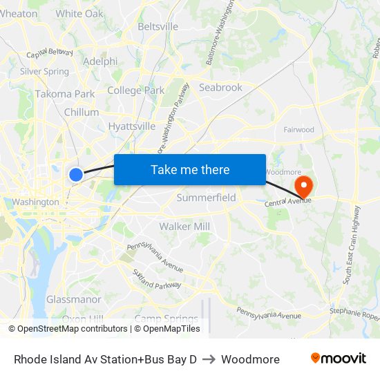 Rhode Island Av Station+Bus Bay D to Woodmore map