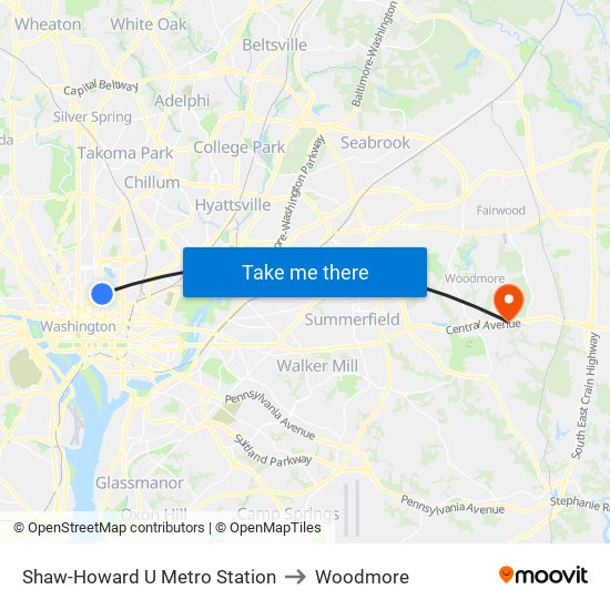 Shaw-Howard U Metro Station to Woodmore map