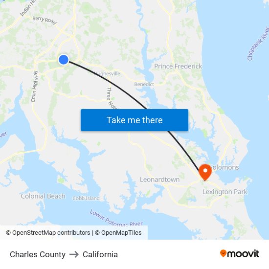 Charles County to California map
