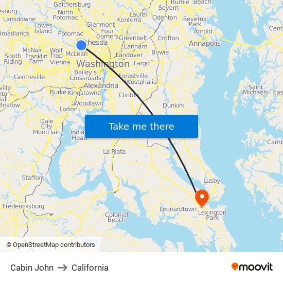 Cabin John to California map