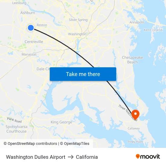 Washington Dulles Airport to California map