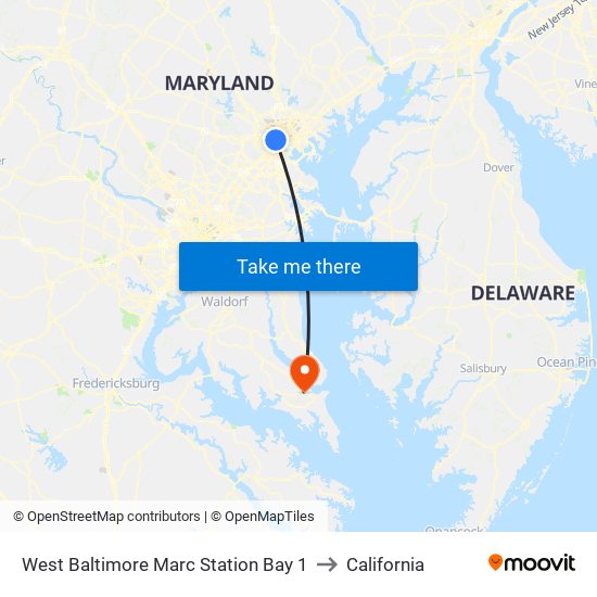 West Baltimore Marc Station Bay 1 to California map