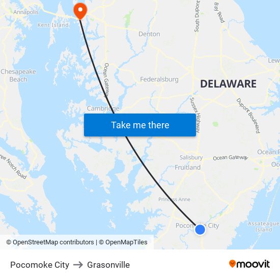 Pocomoke City to Grasonville map