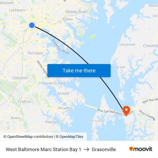 West Baltimore Marc Station Bay 1 to Grasonville map