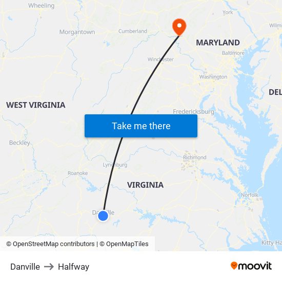 Danville to Halfway map