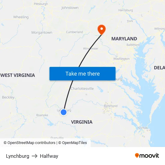 Lynchburg to Halfway map
