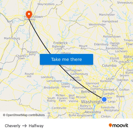 Cheverly to Halfway map