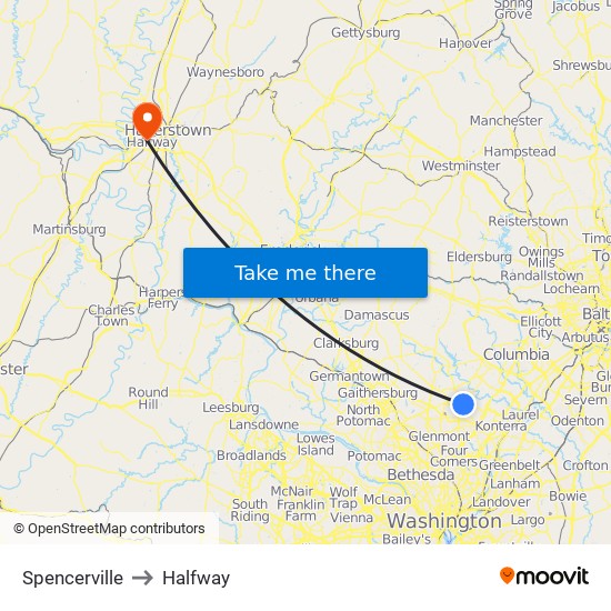 Spencerville to Halfway map