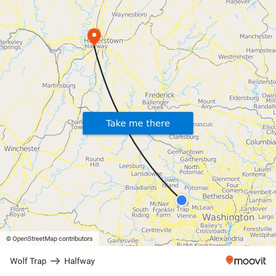 Wolf Trap to Halfway map