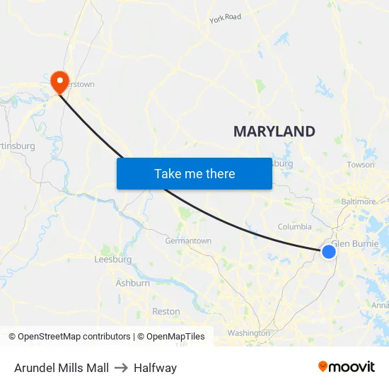 Arundel Mills Mall to Halfway map