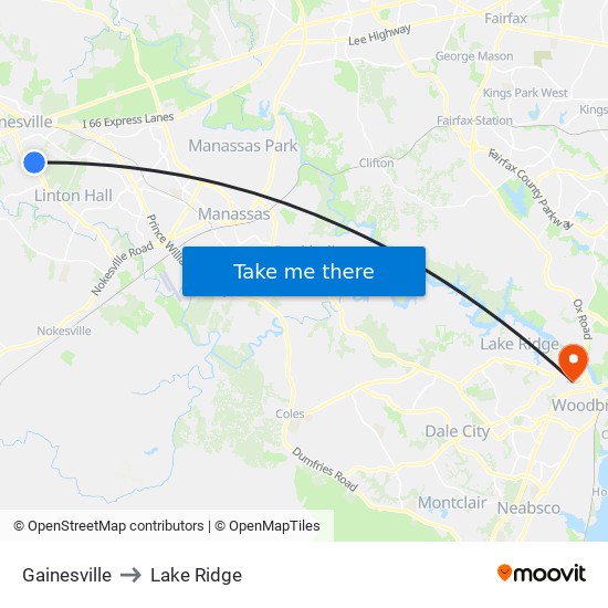 Gainesville to Lake Ridge map