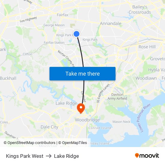 Kings Park West to Lake Ridge map