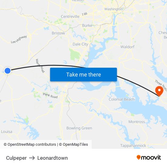 Culpeper to Leonardtown map