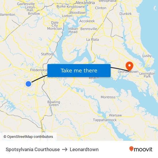 Spotsylvania Courthouse to Leonardtown map