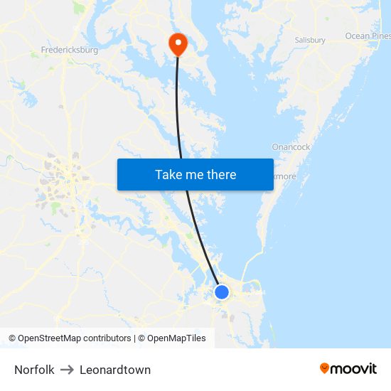 Norfolk to Leonardtown map