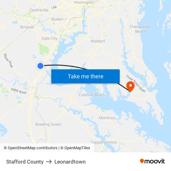 Stafford County to Leonardtown map