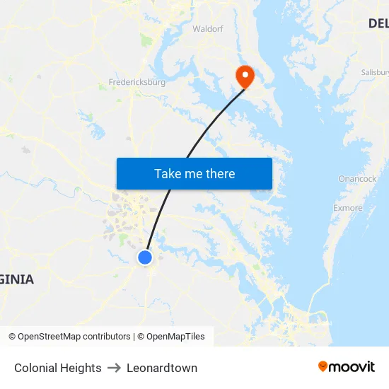 Colonial Heights to Leonardtown map