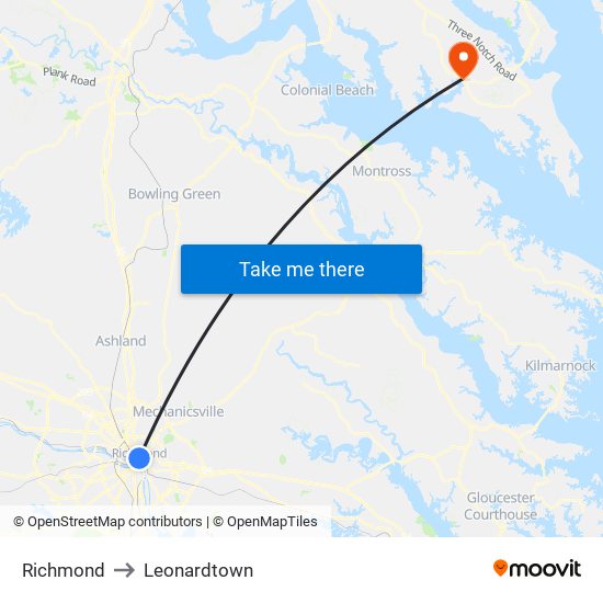 Richmond to Leonardtown map