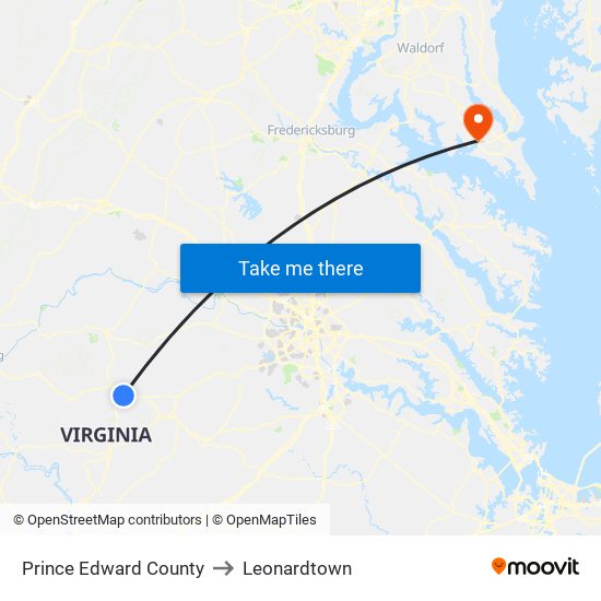 Prince Edward County to Leonardtown map