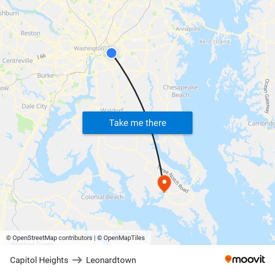 Capitol Heights to Leonardtown map